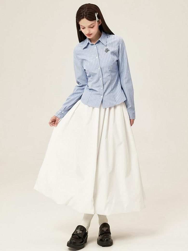 ikyou Embroidered Slim Commuter Square Neck Striped Long Sleeve Cotton Blend Shirts