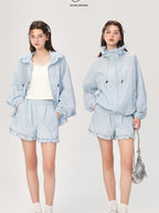 ikyou Upf50+ Breathable Nylon Ruffle Zip Commuter Relaxed Fit Women Top & Shorts Sets