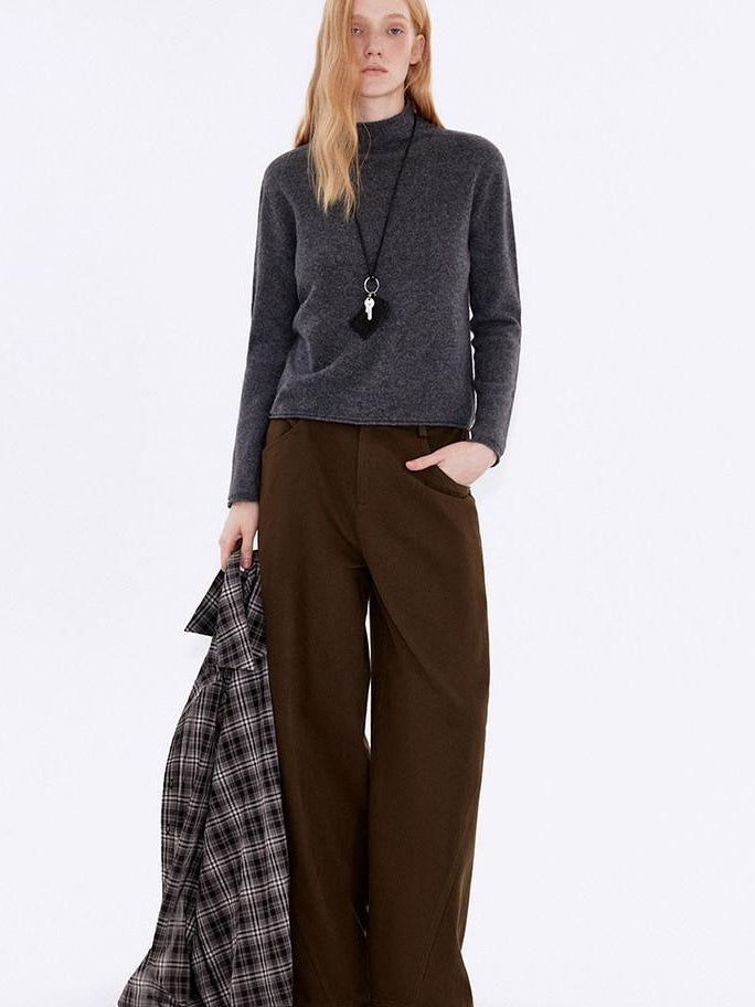 fano Warm Brushed Cotton Relaxed Straight Pocketed Natural Waist Brown Wide Leg Pants