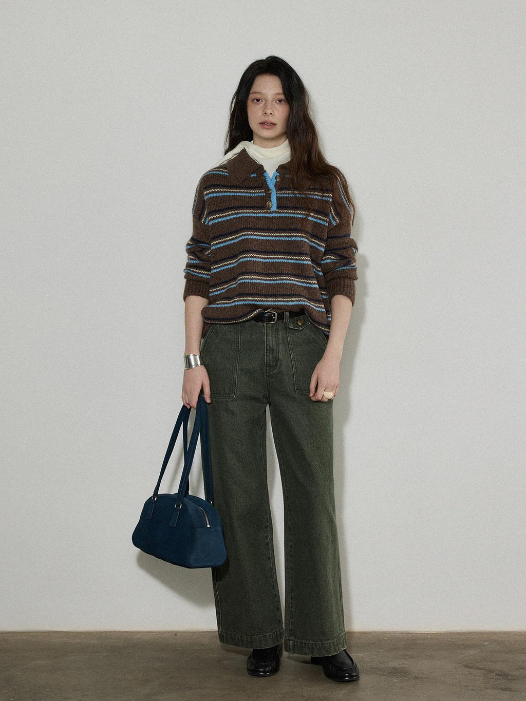 Lofi choose Cozy Colorblock Collared Oversized Striped Button Knit Pullover Women Sweaters