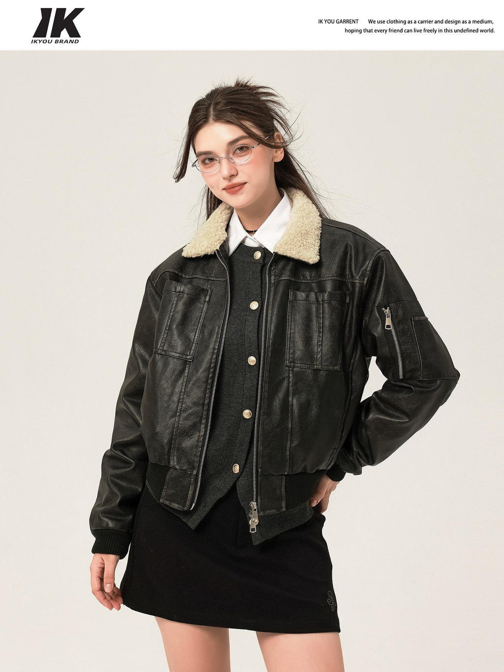 ikyou Thick Distressed Pu Patchwork Straight Zip Pockets Minimalist Leather Jackets