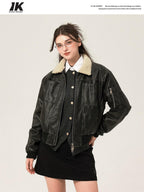 ikyou Thick Distressed Pu Patchwork Straight Zip Pockets Minimalist Leather Jackets