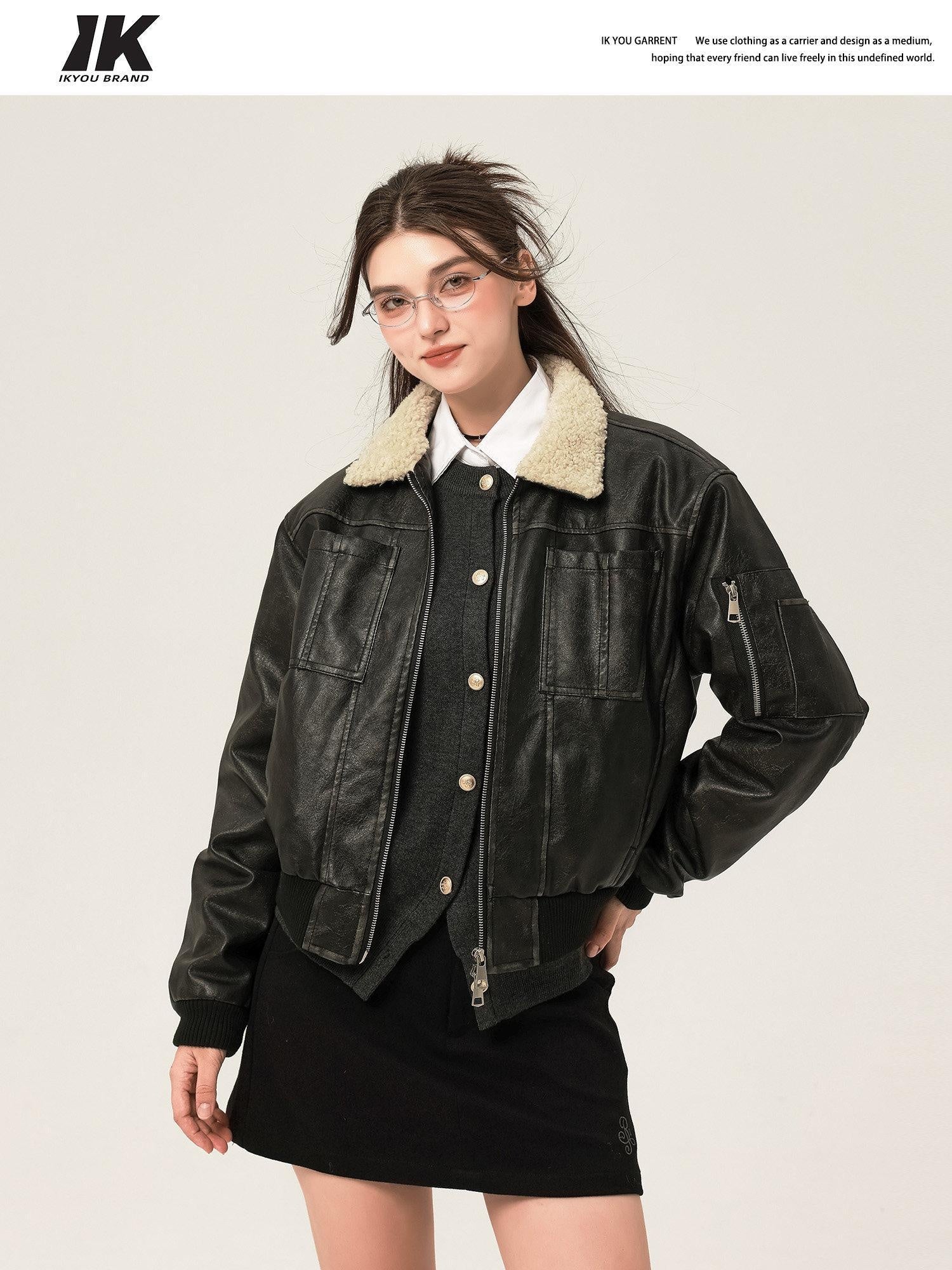 ikyou Thick Distressed Pu Patchwork Straight Zip Pockets Minimalist Leather Jackets