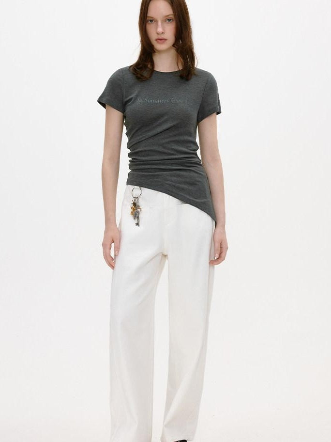 fano White Casual Loose Wide Leg Natural Waist Zipper Women Straight Pants