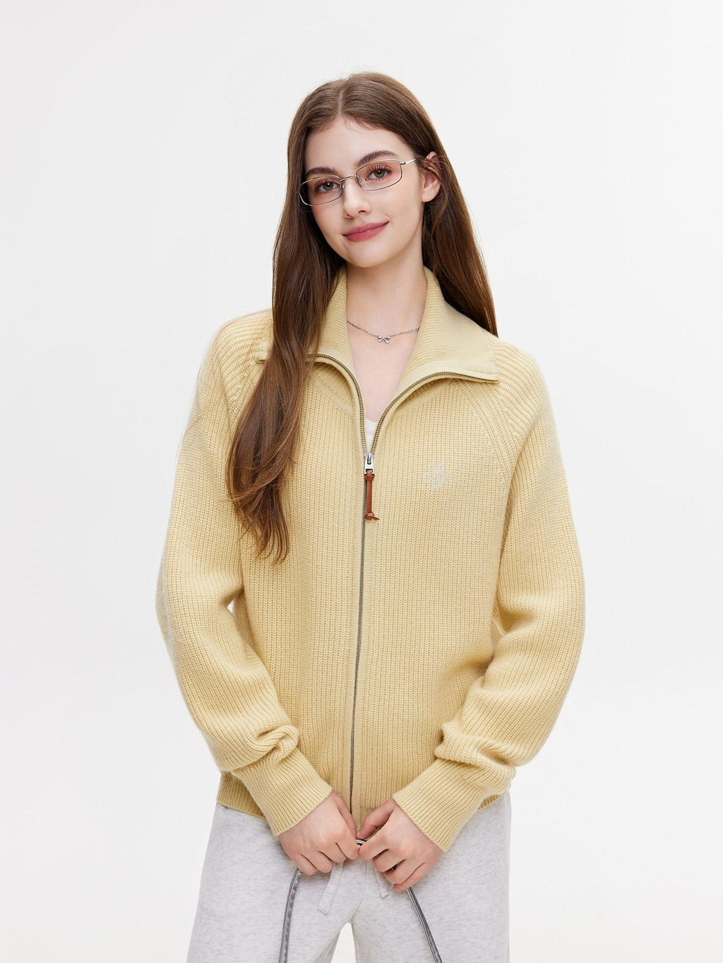 ikyou Warm Zipper Stand Collar Loose Knit Commuter Yellow Wool Blend Cardigans