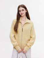 ikyou Warm Zipper Stand Collar Loose Knit Commuter Yellow Wool Blend Cardigans