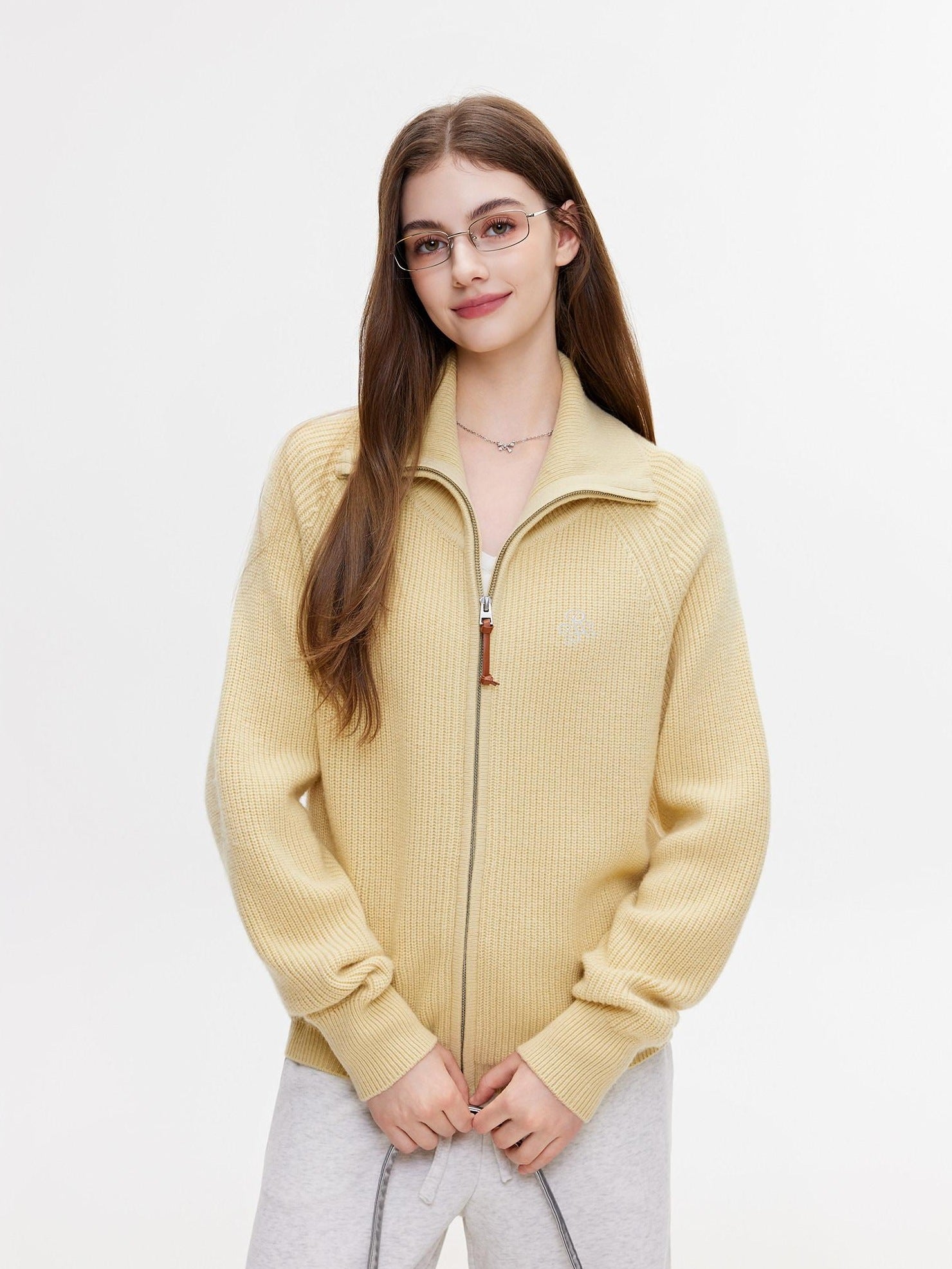 ikyou Warm Zipper Stand Collar Loose Knit Commuter Yellow Wool Blend Cardigans