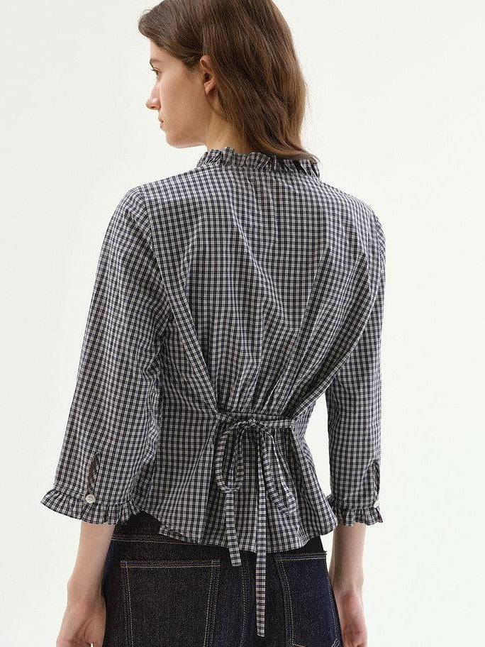 fano Warm Cotton V-neck Tie Slim Minimal 3 4 Sleeve Blue White Check Work Blouses