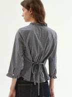 fano Warm Cotton V-neck Tie Slim Minimal 3 4 Sleeve Blue White Check Work Blouses