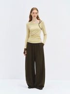 someonesometimes Stretch Casual Slim Asymmetric Neck Women Lemongrass Yellow Long Sleeve T-Shirts