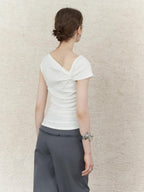 someonesometimes Lightweight Ruched Asymmetric Cropped Slim Fit Pure White Short Sleeve T-Shirts