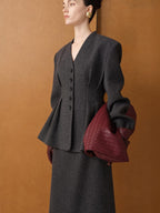 audreyyang Waist Cinch Slim Casual V-neck Single Breasted Women Office Black Wool Coats