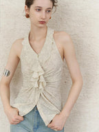 someonesometimes Ruffle Halter Slim Fit Cropped Solid Almond Stretch Tank Tops