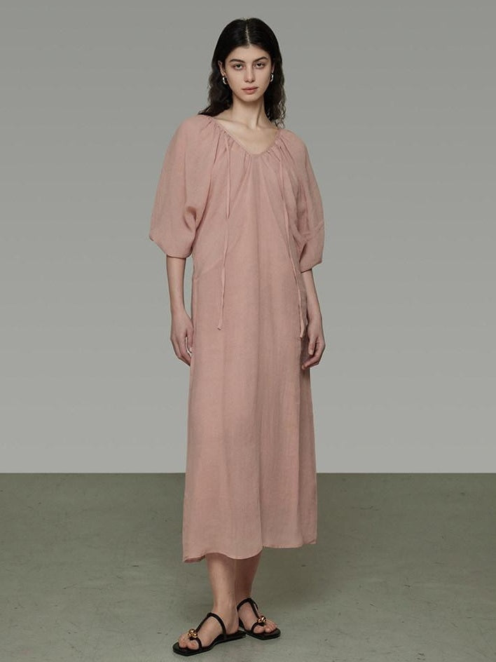 unspoken Breathable Linen Lyocell Blend Minimal A Line V-neck Pleated Women Maxi Dresses