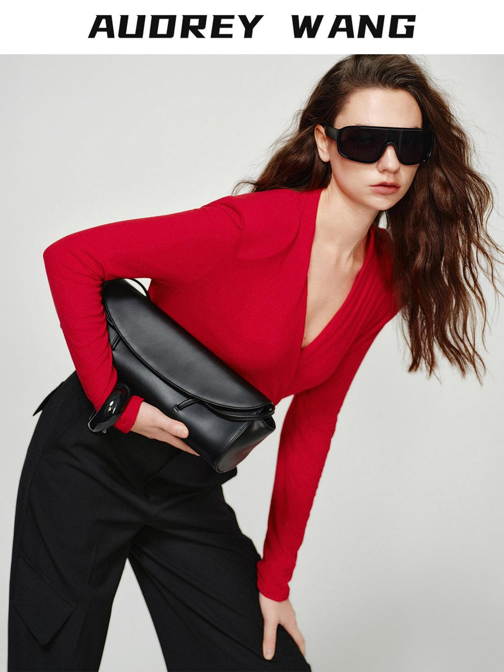 audreyyang Lyocell Wool Stretch Knit Slim Fit V-neck Womens Red Long Sleeve T-Shirts