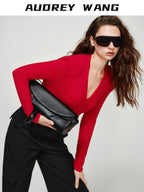 audreyyang Lyocell Wool Stretch Knit Slim Fit V-neck Womens Red Long Sleeve T-Shirts