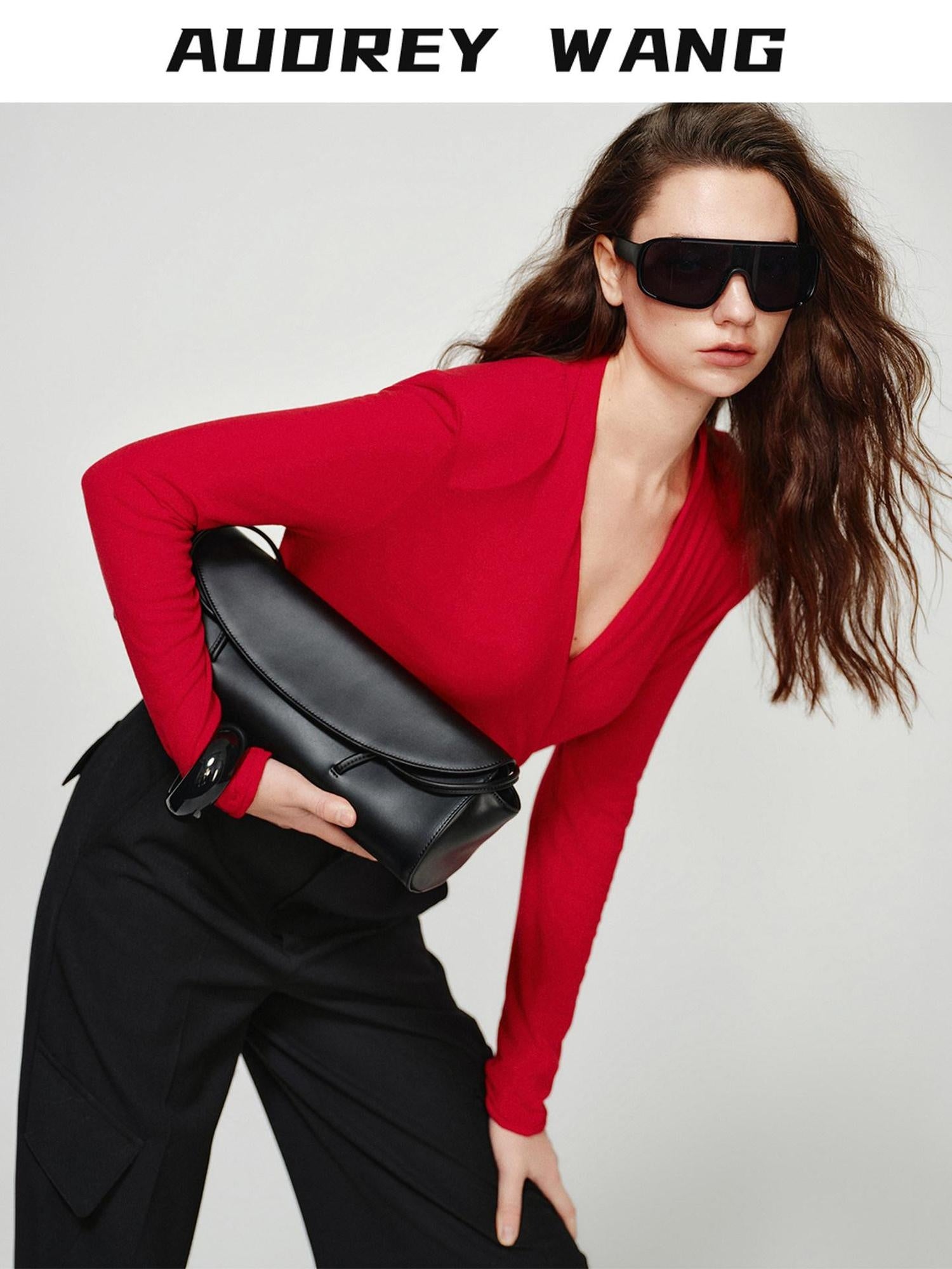 audreyyang Lyocell Wool Stretch Knit Slim Fit V-neck Womens Red Long Sleeve T-Shirts