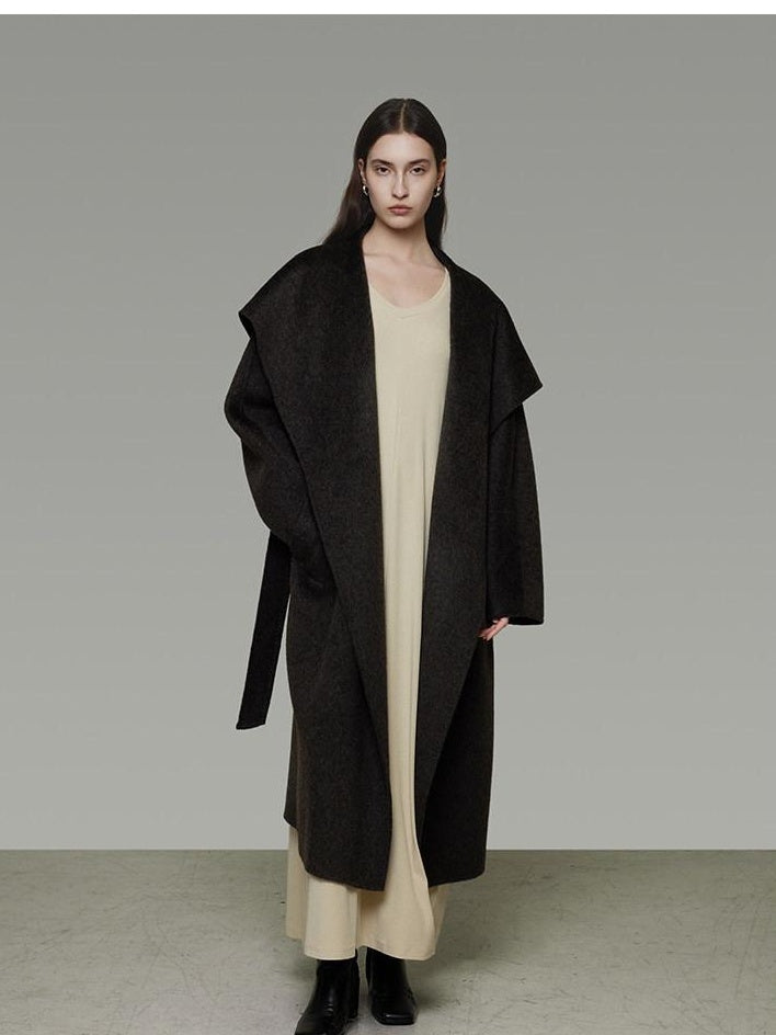 unspoken Pure Sheepswool Long Belted Lapel Loose Tailored Office Coffee Brown Wool Coats