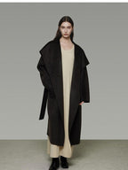 unspoken Pure Sheepswool Long Belted Lapel Loose Tailored Office Coffee Brown Wool Coats