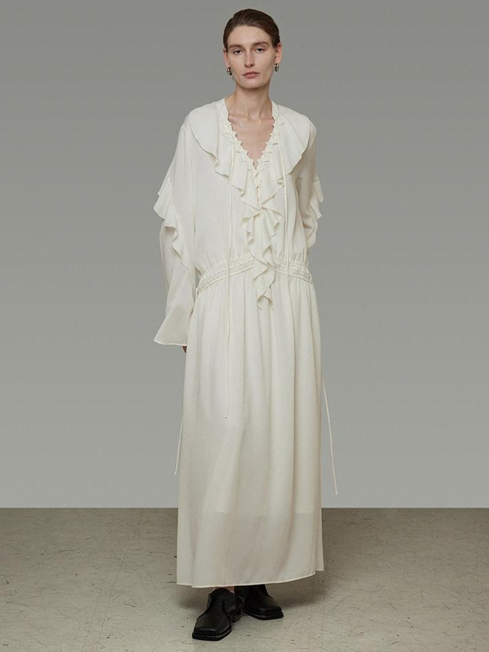 unspoken Breathable Minimal Ruffle Long Sleeve Loose H Fit Women Polyester Maxi Dresses