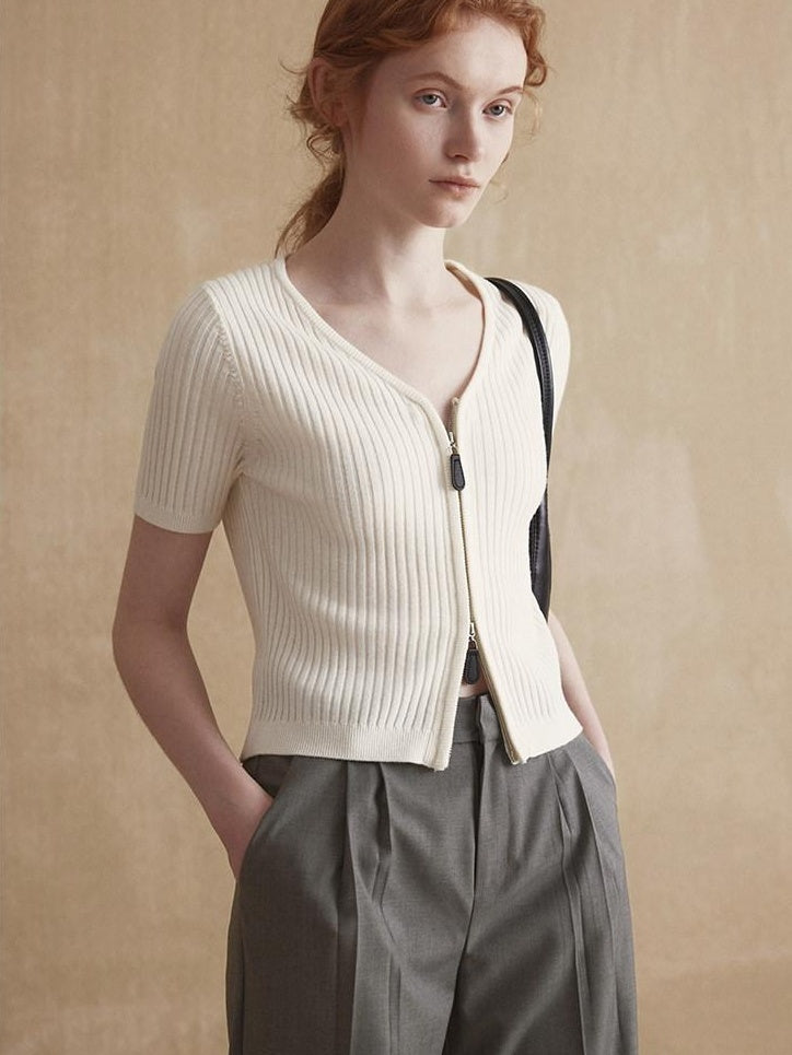 fano Soft Minimalist V-neck Cropped Short Sleeve White Polyester Blend Cardigans