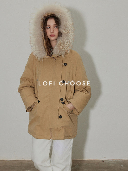 Lofi choose 90 Percent White Duck Down Thick Hooded Commuter Khaki Zip Down Jackets