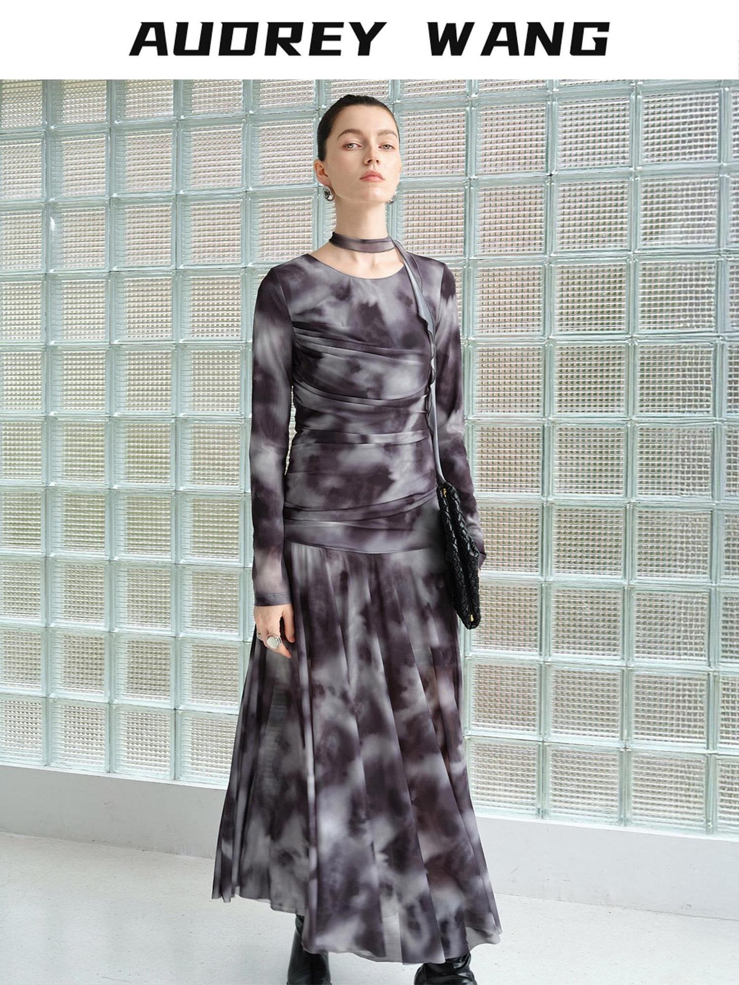 audreyyang Elegant Sash Fitted Knit Long Sleeve Grey Ombre Maxi Dresses