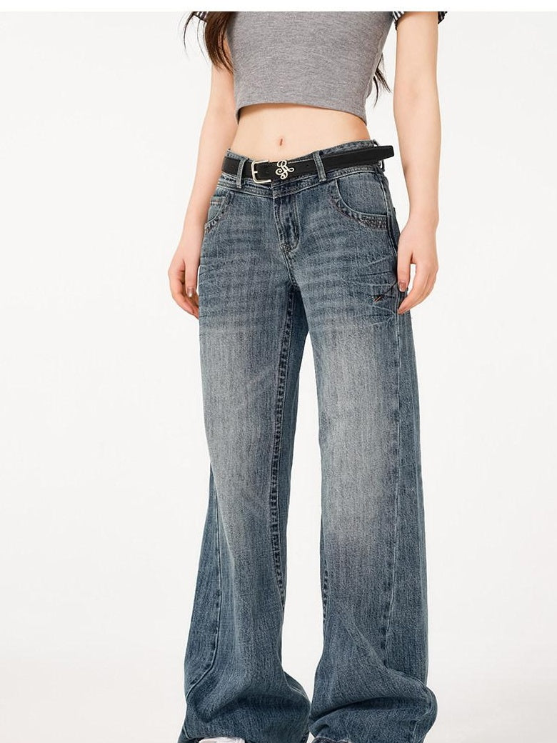 ikyou Durable Distressed Washed Blue Relaxed Natural Waist Rigid Denim Wide Leg Jeans
