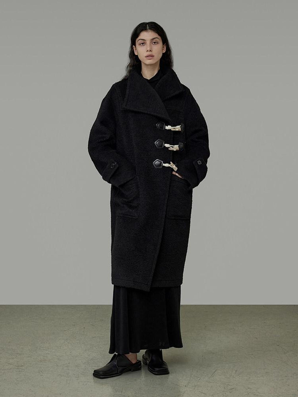 unspoken Warm Thick Long Single Breasted Black Loose Fit Minimalist Office Wool Coats