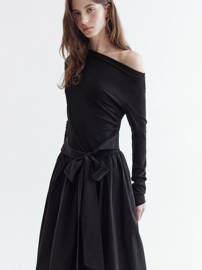 fano Viscose Blend Asymmetric Neck A Line Long Sleeve Workwear Women Maxi Dresses