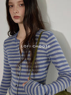 Lofi choose Wool Blend Slim Fit Striped Commuter Women Button Front Knitwear Cardigans