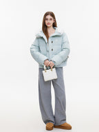 ikyou Warm Embroidered Detachable Hood Korean Loose Nylon Padded Teal Puffer Jackets