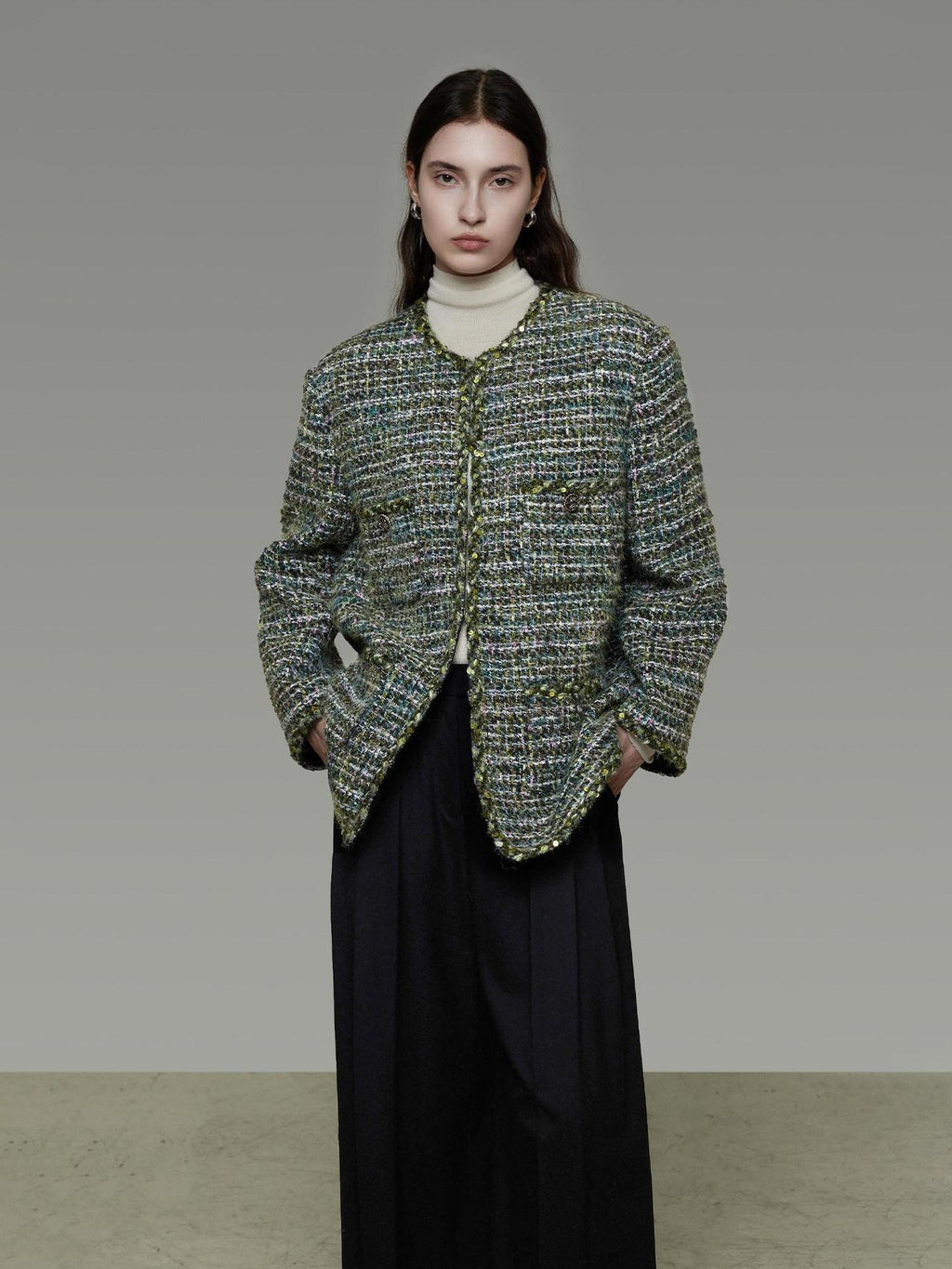 unspoken Lambswool Blend Structured Commuter Round Neck Relaxed Green Wool Coats
