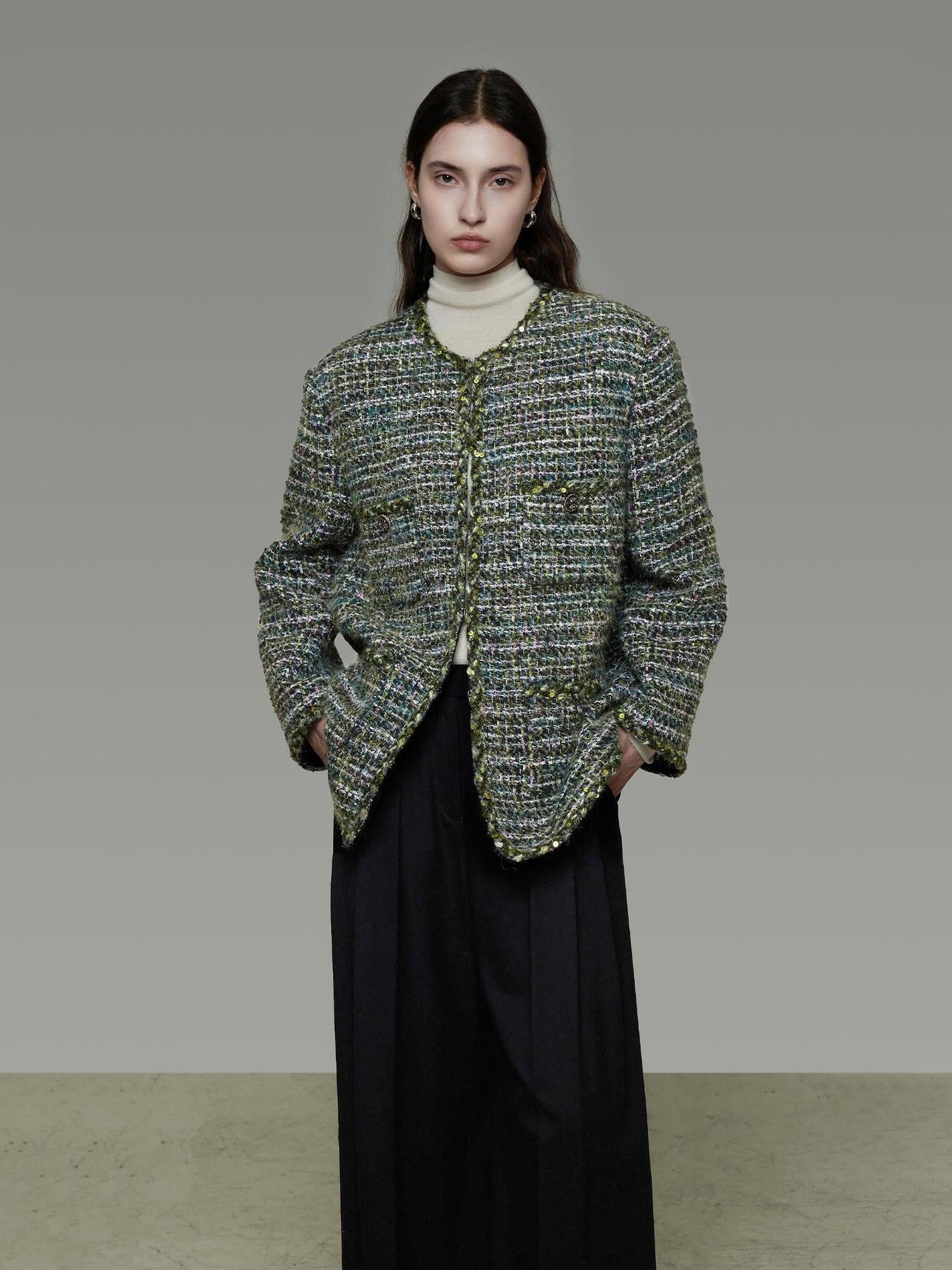 unspoken Lambswool Blend Structured Commuter Round Neck Relaxed Green Wool Coats