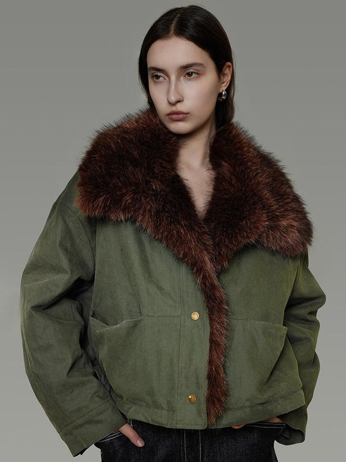 unspoken Fur Collar Short Single Breasted Office Olive Green Long Sleeve Cropped Jackets