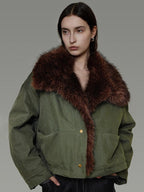 unspoken Fur Collar Short Single Breasted Office Olive Green Long Sleeve Cropped Jackets