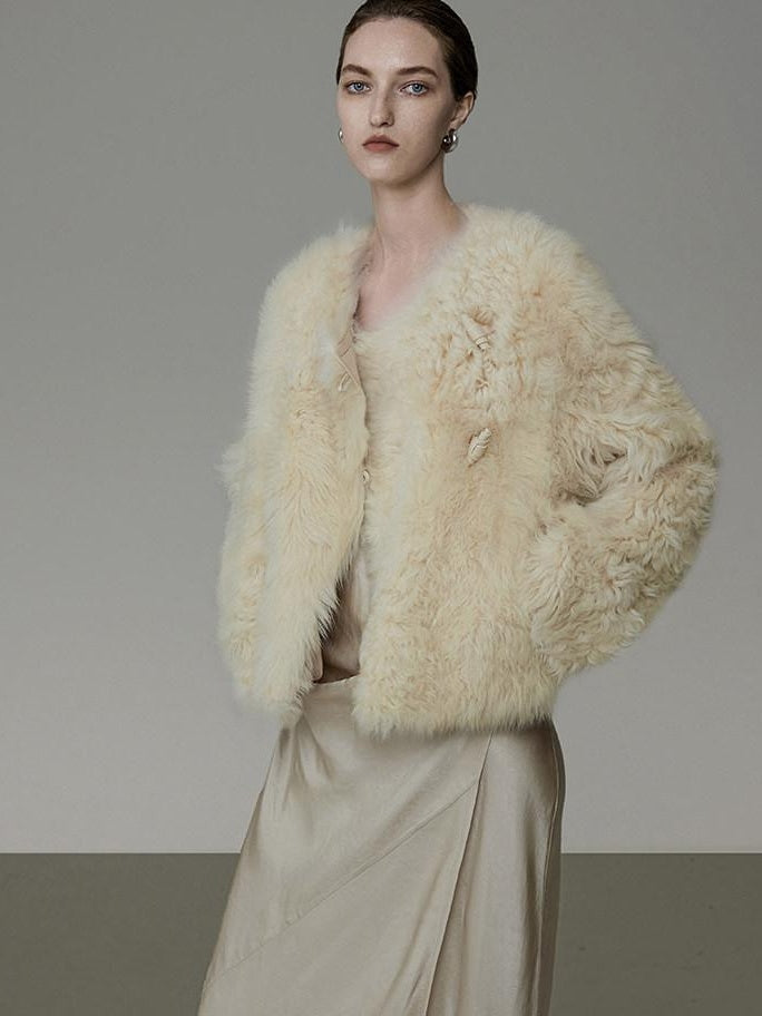 unspoken Minimal Off White Button Front Crew Neck Straight Fit Office Short Coat