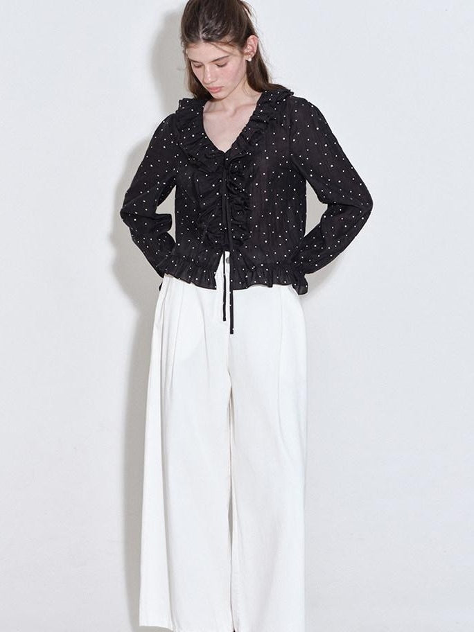 fano Shape Retaining Lyocell Korean Slim Fit V-neck Long Sleeve Polka Dot Blouses