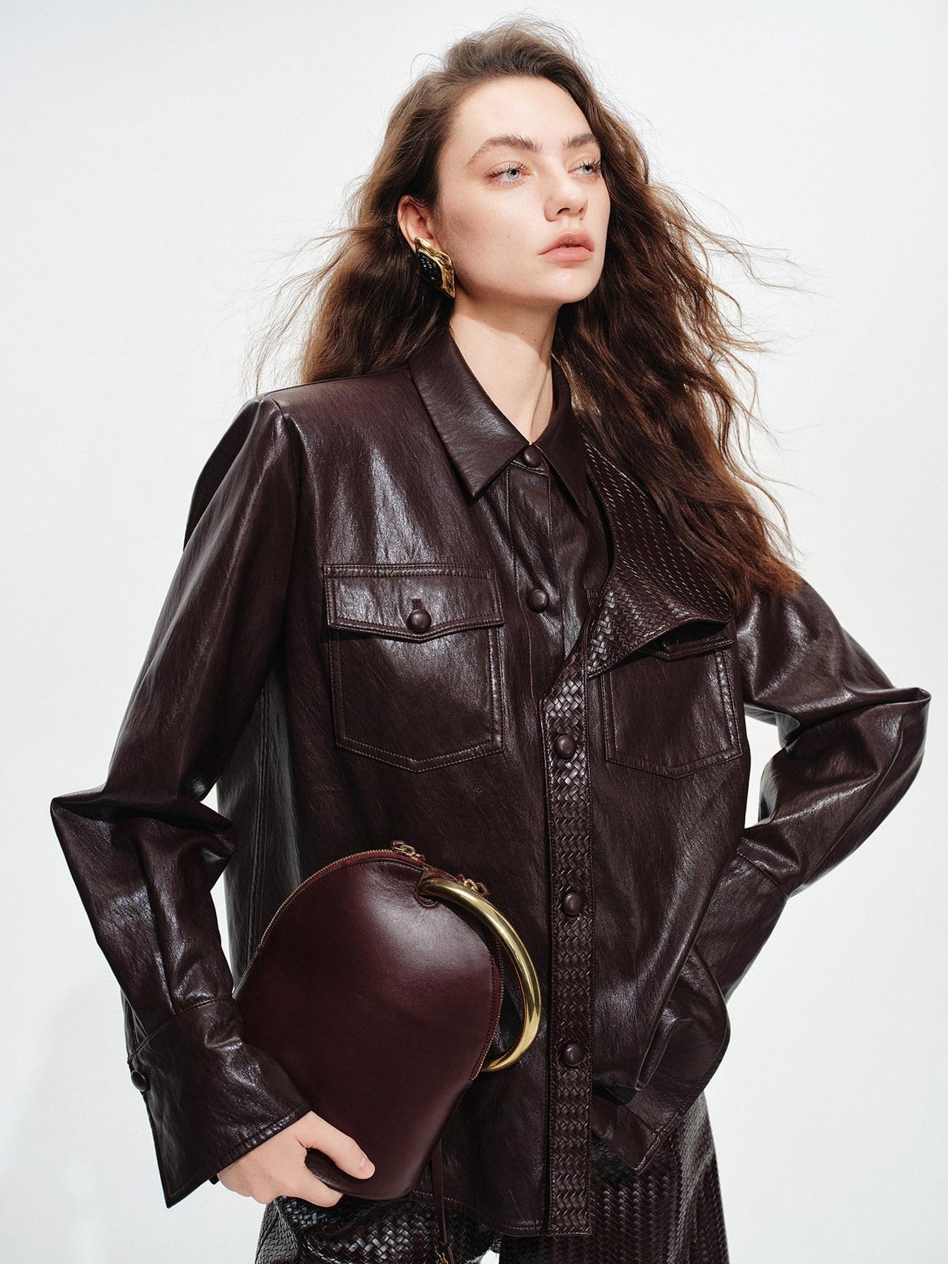 audreyyang Premium Pu Leather Lapel Long Sleeve Tailored Womens Black Wine Leather Jackets
