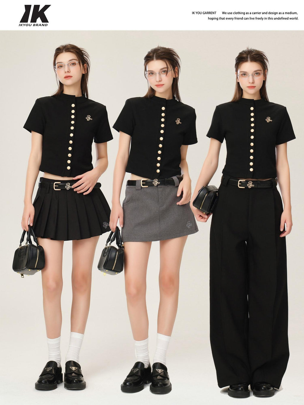 ikyou 3D Embellished Minimal Slim Short Sleeve Stand Collar Black Knit Women Cardigans
