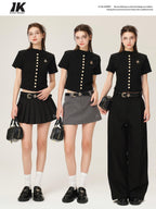ikyou 3D Embellished Minimal Slim Short Sleeve Stand Collar Black Knit Women Cardigans