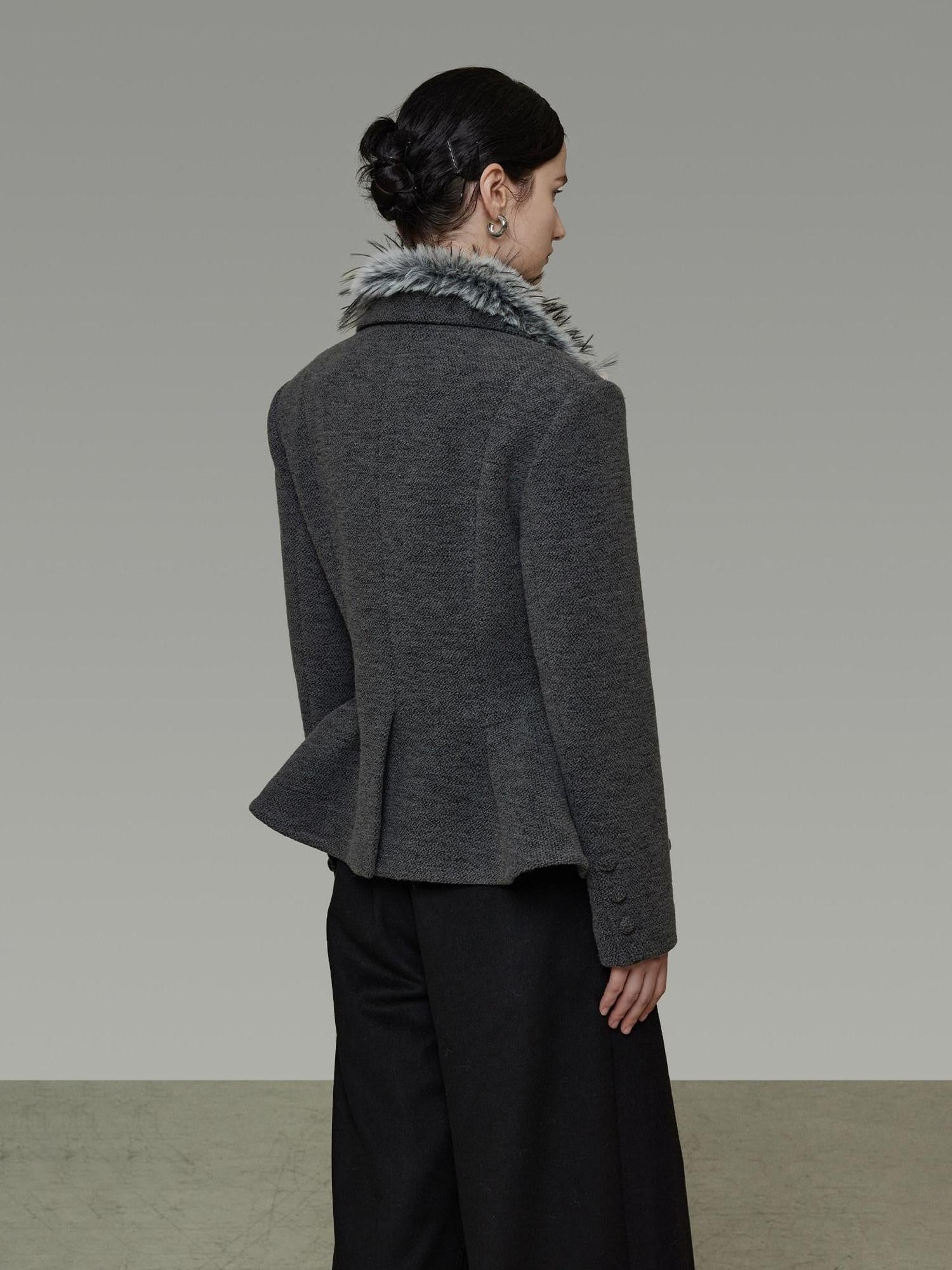 unspoken Wool Blend Double Breasted Slim Lapel Tailored Minimal Workwear Gray Short Coat