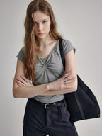 fano V-neck Drawstring Cotton Blend Minimal Straight Women Short Sleeve T-Shirts