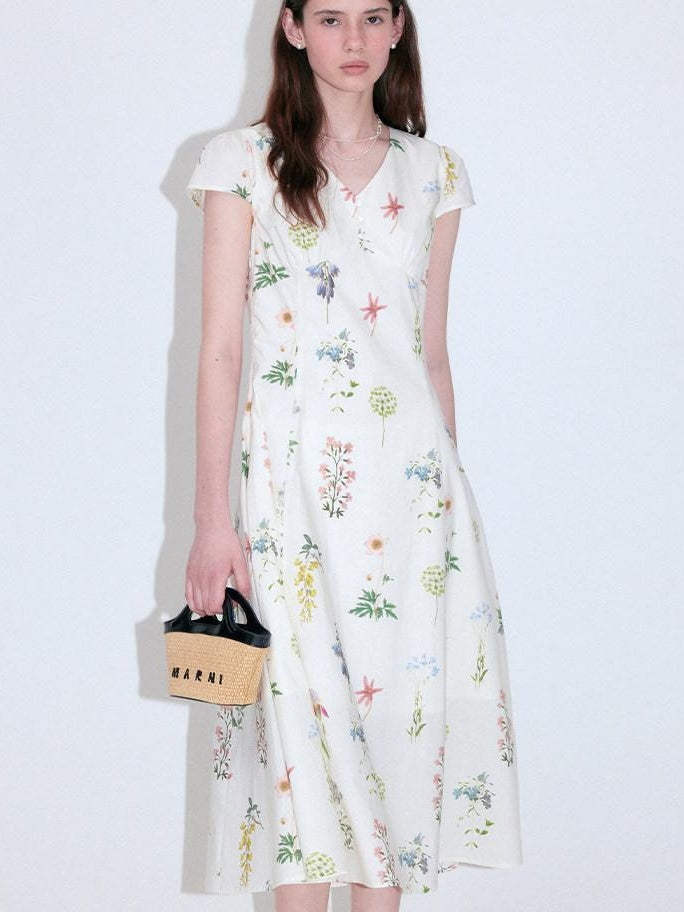 fano Cotton High Waist A Line V-neck Short Sleeve Floral Ivory Korean Maxi Dresses