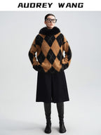 audreyyang Thick Wool Cashmere Vintage Straight Fit Brown Diamond Knit Women Sweaters