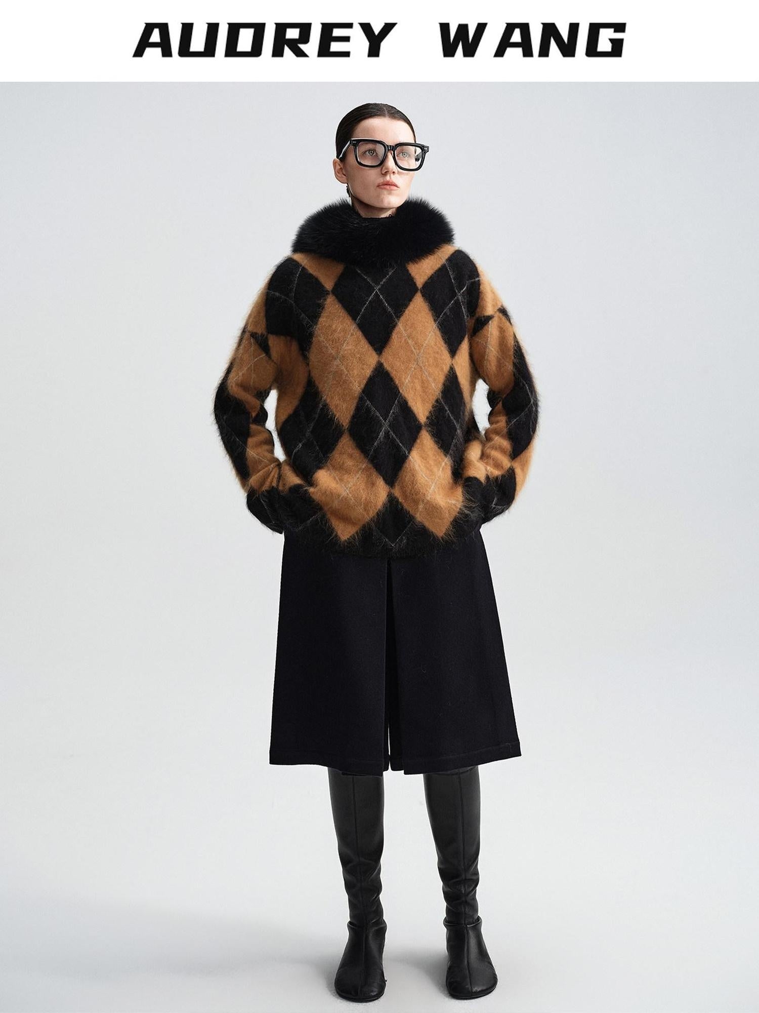 audreyyang Thick Wool Cashmere Vintage Straight Fit Brown Diamond Knit Women Sweaters
