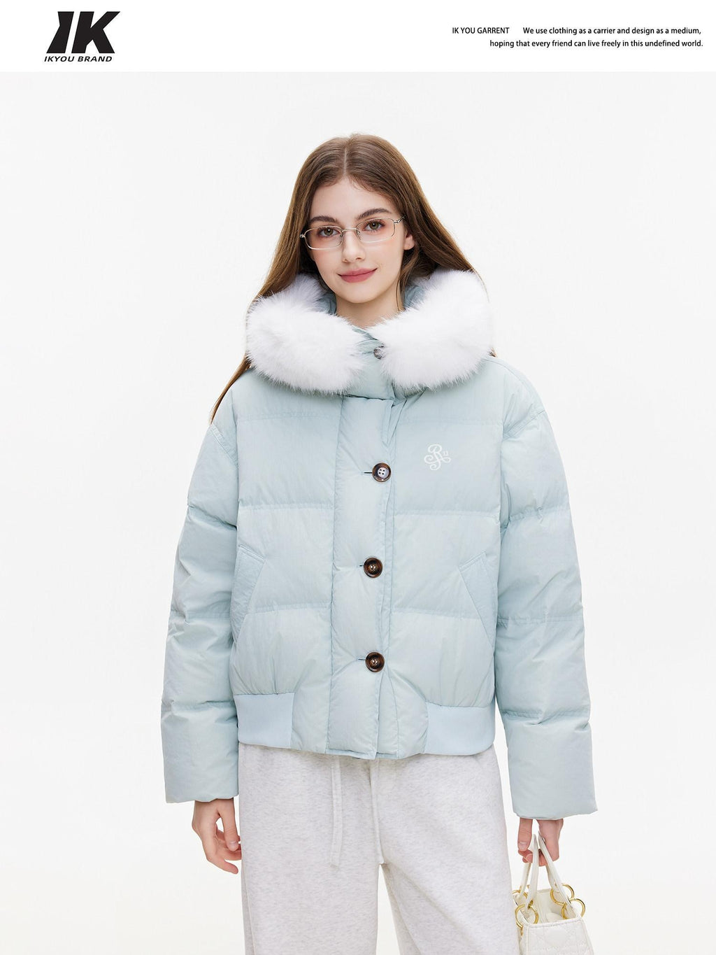 ikyou Warm Embroidered Detachable Hood Korean Loose Nylon Padded Teal Puffer Jackets