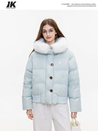 ikyou Warm Embroidered Detachable Hood Korean Loose Nylon Padded Teal Puffer Jackets
