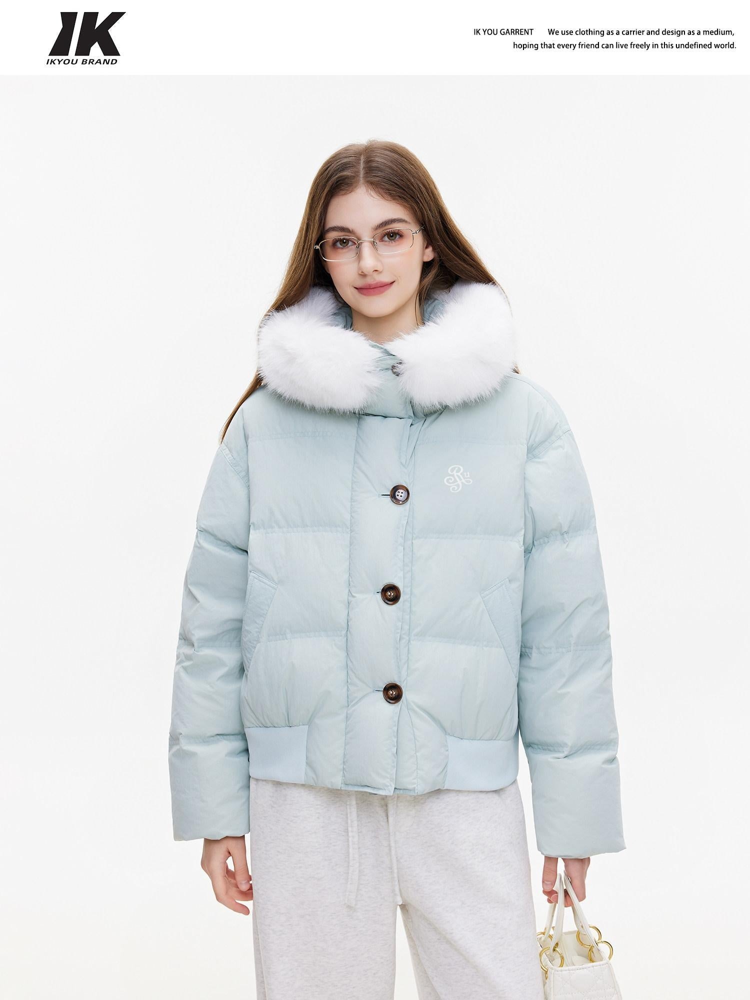 ikyou Warm Embroidered Detachable Hood Korean Loose Nylon Padded Teal Puffer Jackets