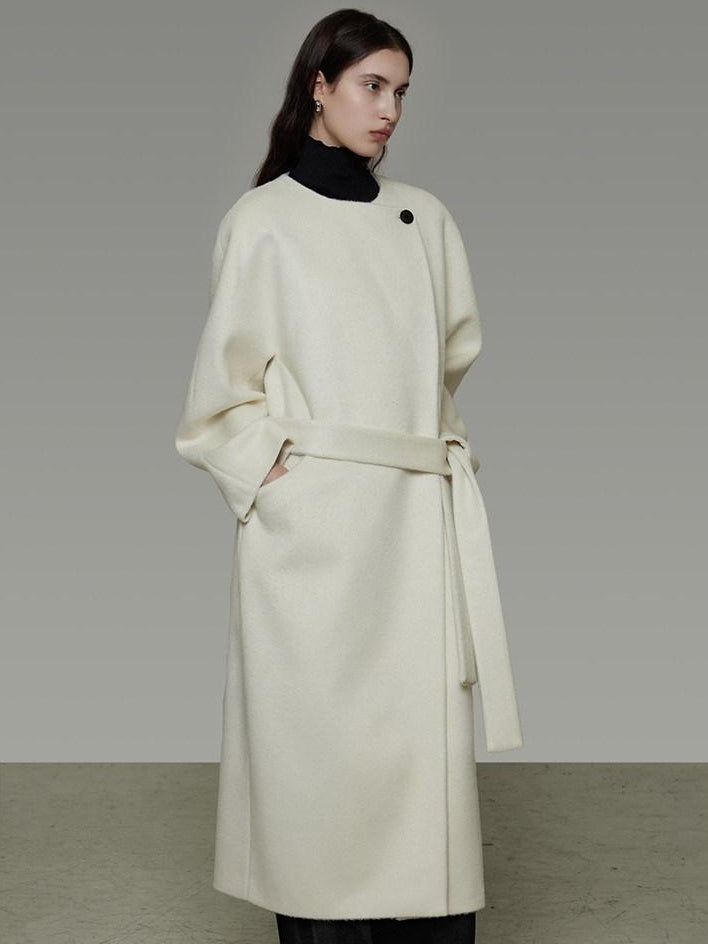 unspoken Lambswool Blend Tie Waist Oversized Commuter Longline White Wool Coats
